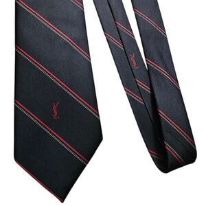 Yves Saint Laurent Vintage Tie Black Red Stripe Logo Paris Necktie Silk